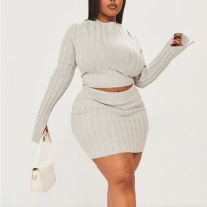 Prettylittlething plus grey long sleeve crop top skirt set size xl